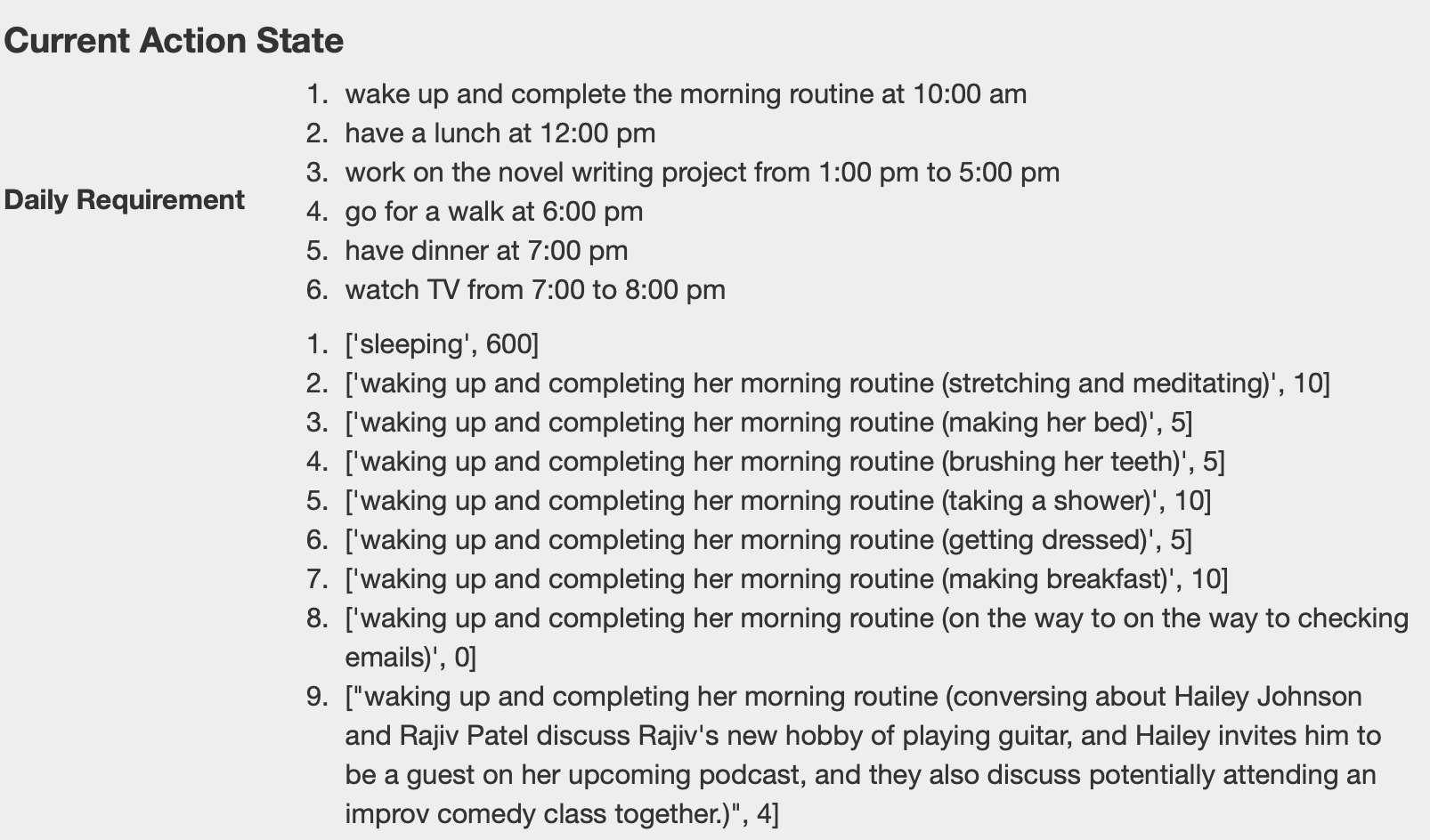 Action-state text showing prompt response and runtime execution